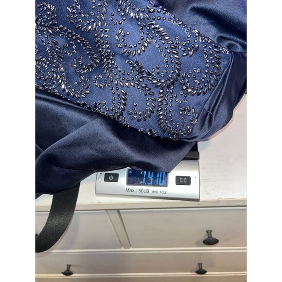 NWT La Femme Off the Shoulder Beaded Satin Trumpet Gown In Navy Size  Women's Si - Picture 11 of 11